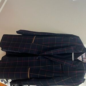 Navy blue with strips brown and red